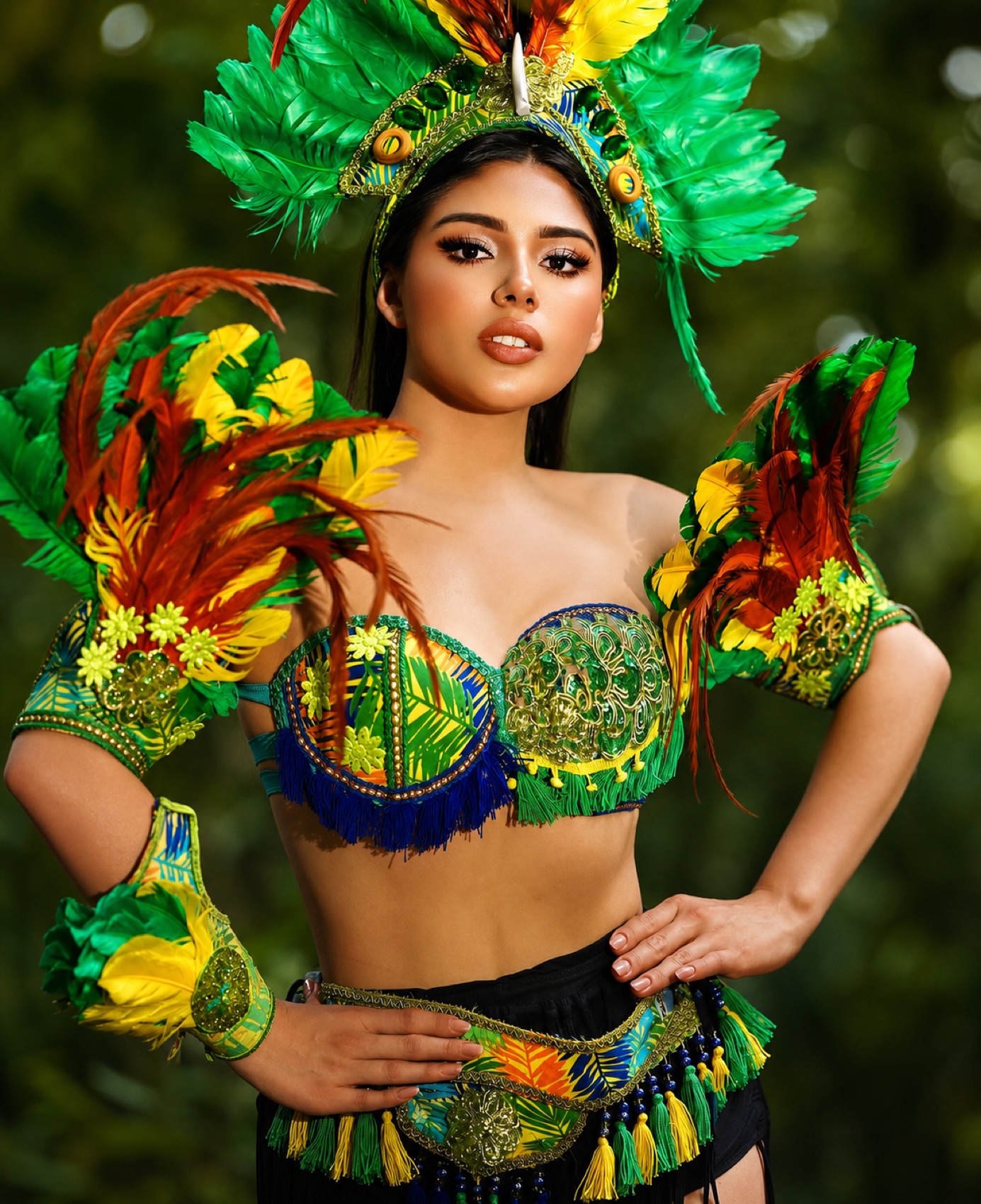 Gissell Bahena, Miss Earth Illinois USA, in a vibrant Amazon-themed national costume